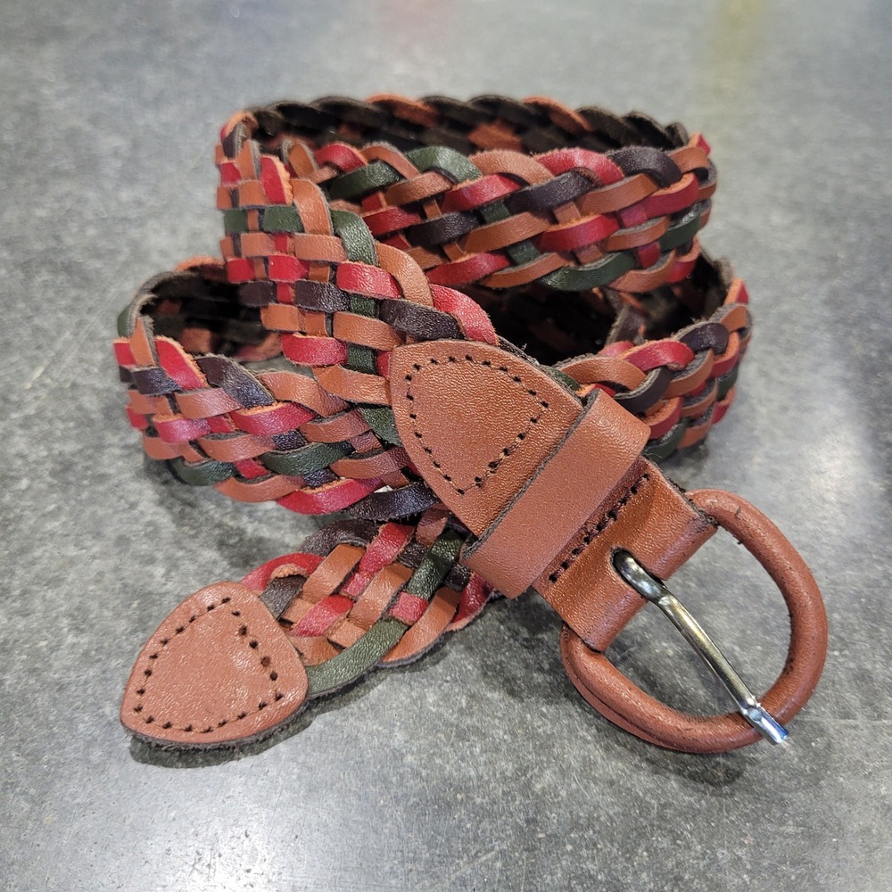 Vintage Multicolor Leather Belt Medium Brown Green Red Braided Woven Boho 90s